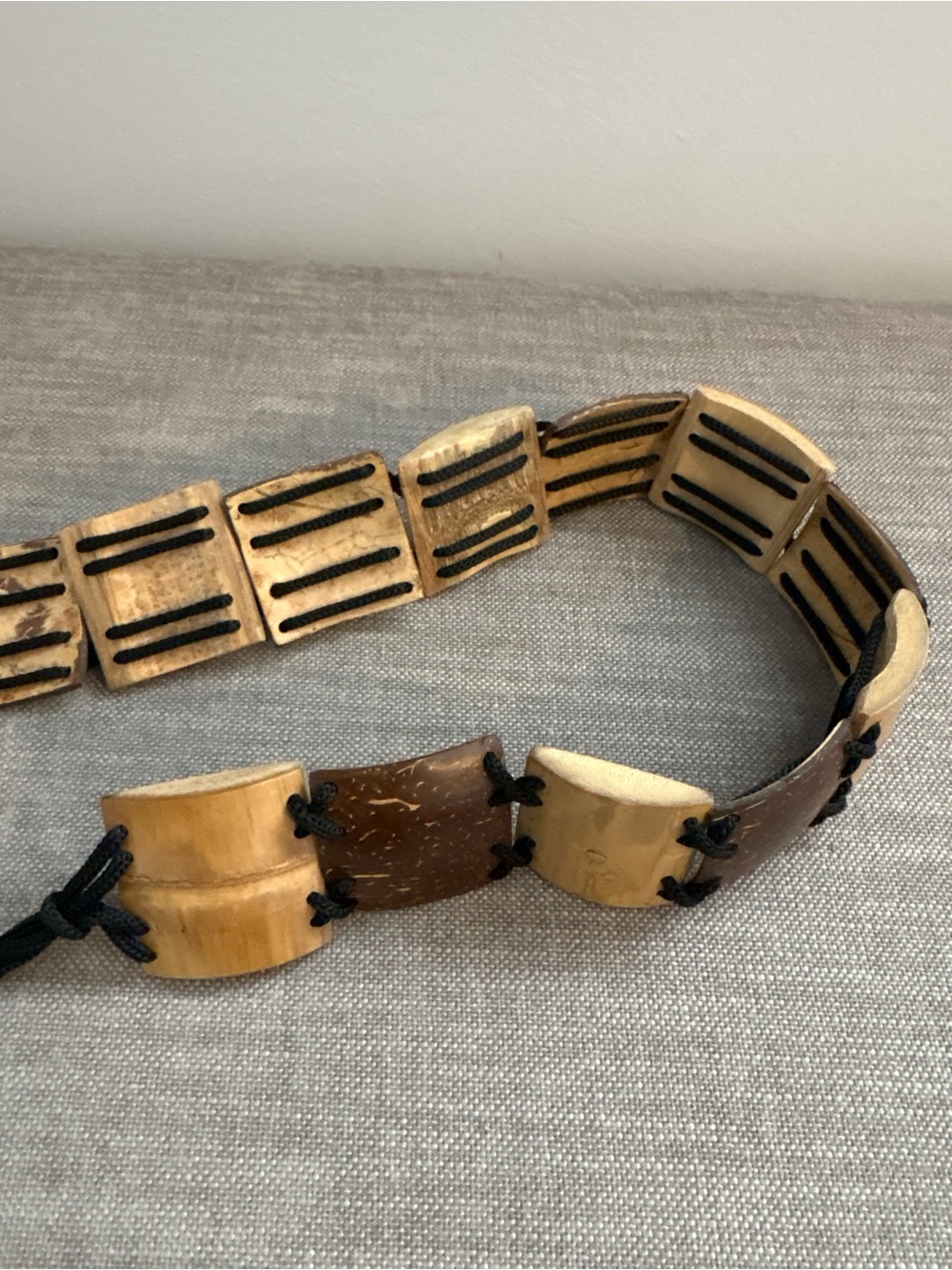 Boho Chic Natural Coconut Shell Tile Beaded Tie Waist Belt With Wood Accents - Picture 5 of 10